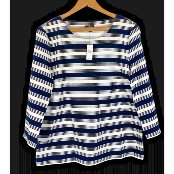 Talbots Top Medium Black White Stripe Textured Ribbed Knit NEW Preppy Old Money - Picture 2 of 13
